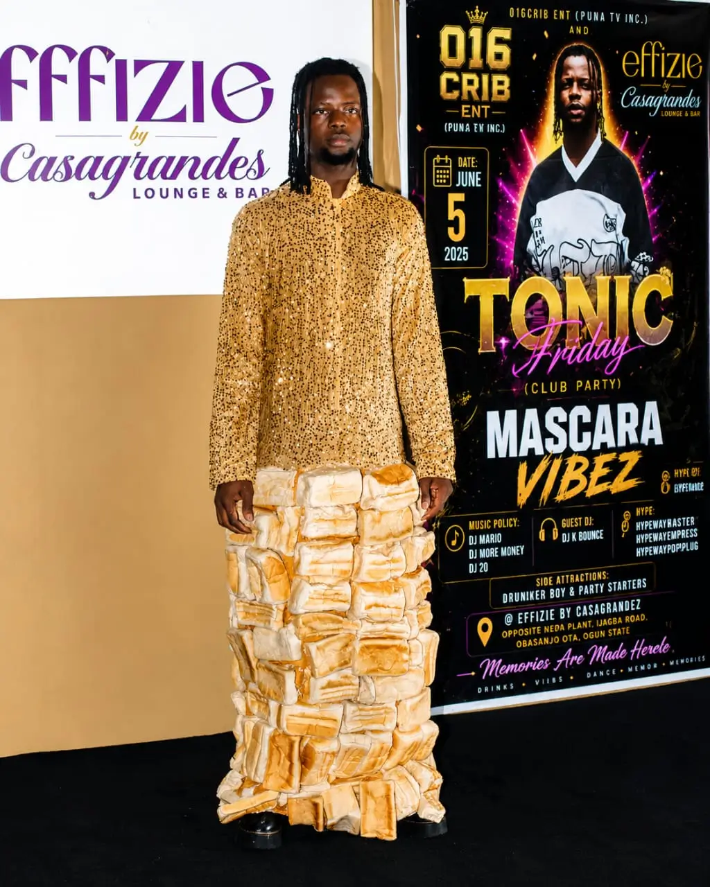 Mascara Vibez Steals the Spotlight in Unique Bread-Inspired Outfit at Effizie Casagrandez Event
